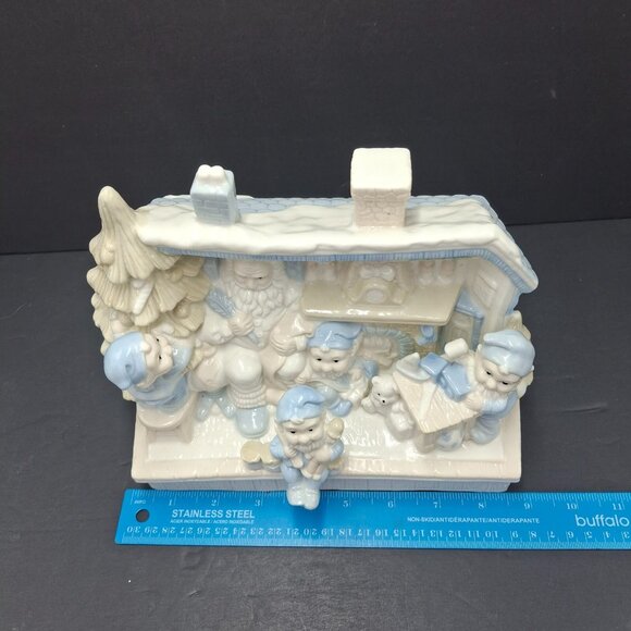 Musical Santa & Elves Ceramic Pastel Blue White Christmas Workshop-Windup - Picture 7 of 12